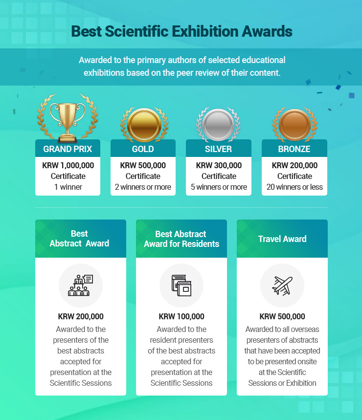 
                    Best Scientific Exhibition Awards
                    Awarded to the primary authors of selected educational exibitions based on the peer review of their content.
                    Grand prix KRW 1,000,000 / Gold KRW 500,000 / SILVER KRW 300,000 / BRONZE KRW 200,000
                    