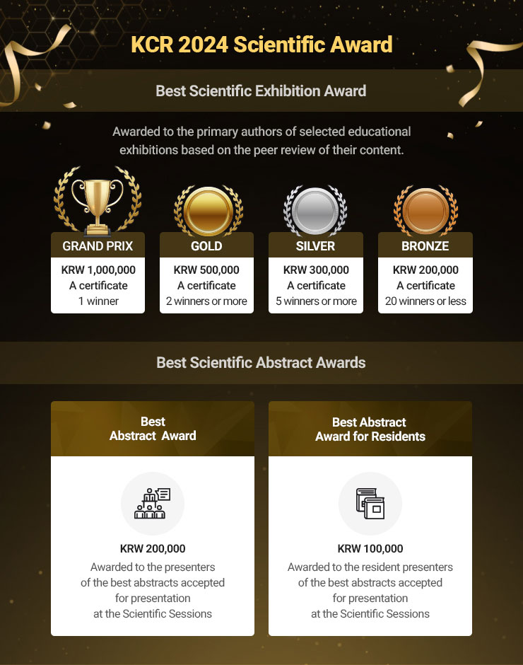 
                    Best Scientific Exhibition Award
                    Awarded to the primary authors of selected educational
                    exhibitions based on the peer review of their content.
                    GRNAD PRIX KRW 1,000,000 A certificate 1 winner
                    GOLD KRW 500,000 A certificate 2 winners or more
                    SILVER KRW 300,000 A certificate 5 winners or more
                    BRONZE KRW 200,000 A certificate 20 winners or less
                    Best Scientific Abstract Awards
                    Best Abstract Awrad
                    KRW 200,000
                    Awarded to the presenters of the best abstracts accepted for presentation at the Scientific Sessions
                    Best Abstract Award for Residents
                    KRW 100,000
                    Awarded to the resident presenters of the best abstract accepted for presentation at the Scientific Sessions
                    